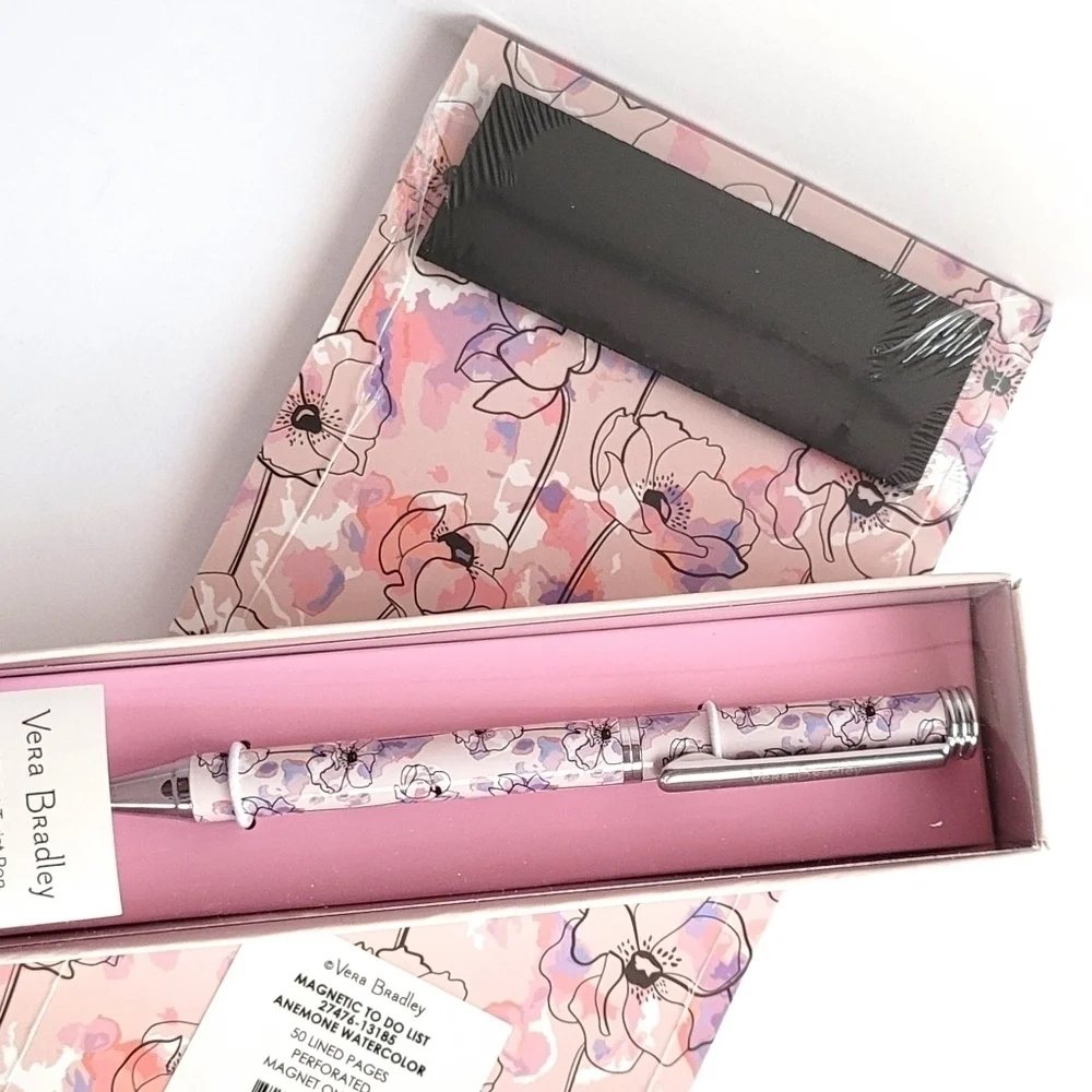 Vera Bradley Magnetic Notepad and Ball Point Pen Set Pink Anemone Water…